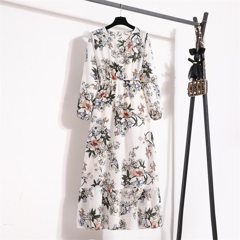 2022 European & American Floral A-Line Dress - Spring, Long Sleeve, Round Neck, Slim Fit