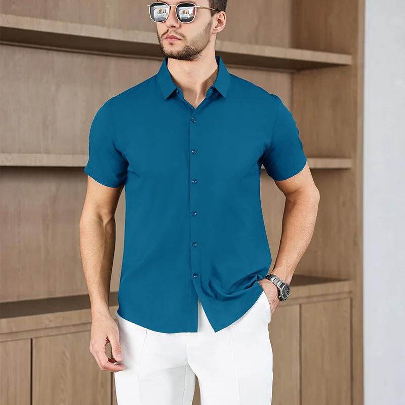 Men's Business Casual Solid Color Short Sleeved Shirt for Summer Fashion No Ironing Comfortable and Versatile Top