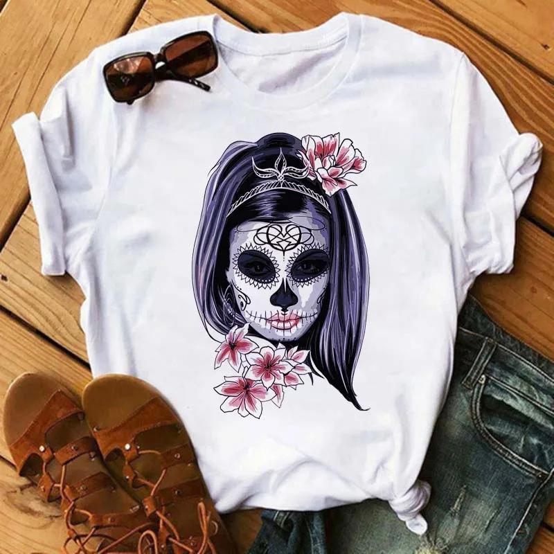 Fashion Leopard Skull Printed Women T-shirt Summer Loose Black Female T-shirt Casual Round Neck Harajuku Tops Woman Clothes
