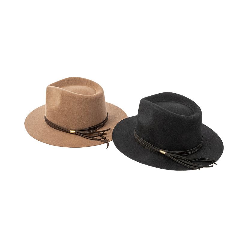 Autumn and winter new fashion casual PU leather rope decoration wide brim crown top wool jazz hat concave top hat tide