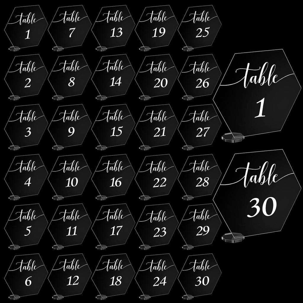 30 Pieces Acrylic Table Numbers 1-30 for Wedding Reception Clear Table Number Signs 1-30 with Stand Hexagonal Rectangle for Wedding Event Party