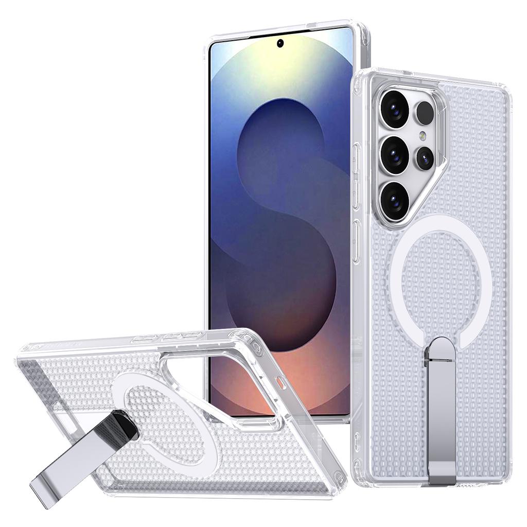 For Samsung Galaxy S25 Ultra Magnetic Case Kickstand Grid Texture TPU PC Phone Back Cover