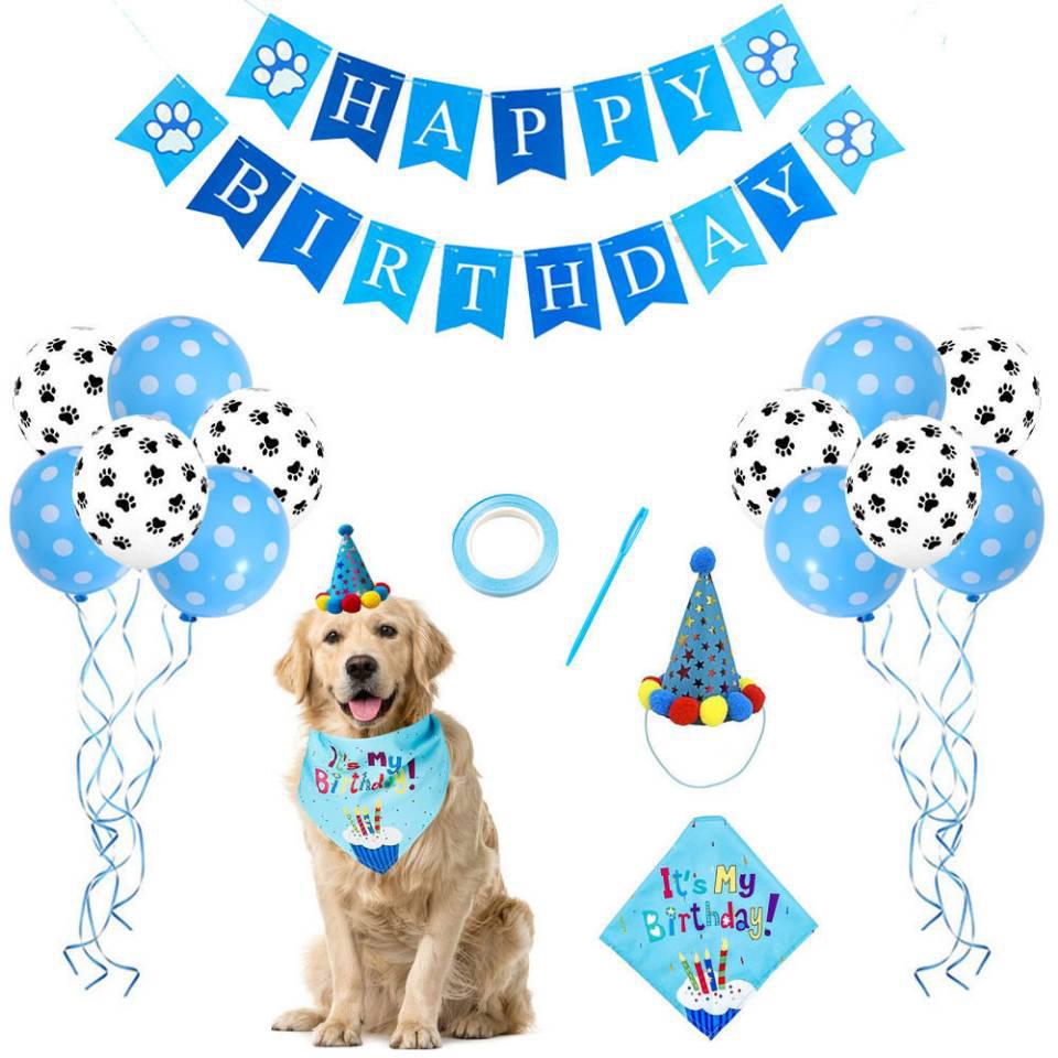 Pet Birthday Party Decoration Set: Dog and Cat Balloons, Hat, Props, Banner, and Pull Flag