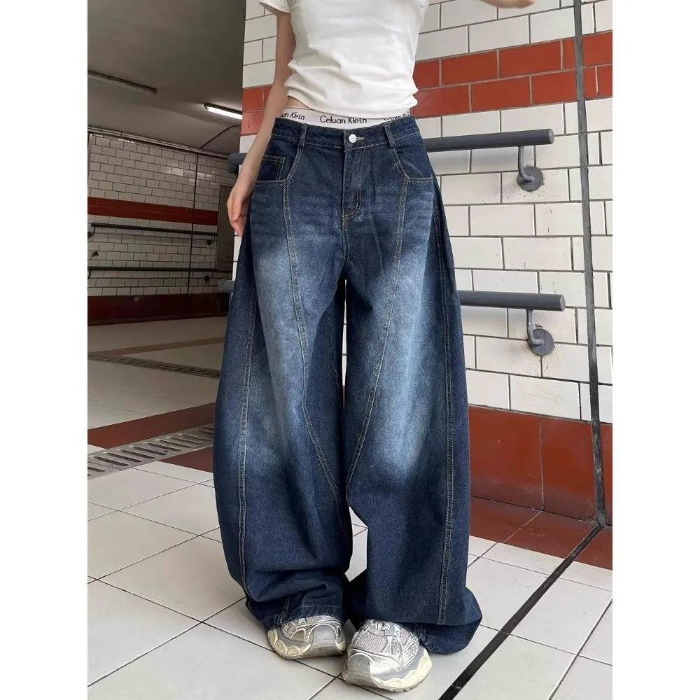 Women's High Waist Wide Leg Jeans Loose Fit Vintage Washed Panel Stitch Baggy Denim Trousers