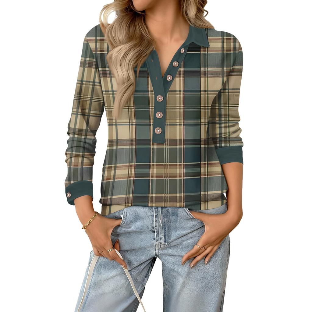 Women's Retro Street Lazy V,neck Long Sleeve Button Plaid Print Pullover Top