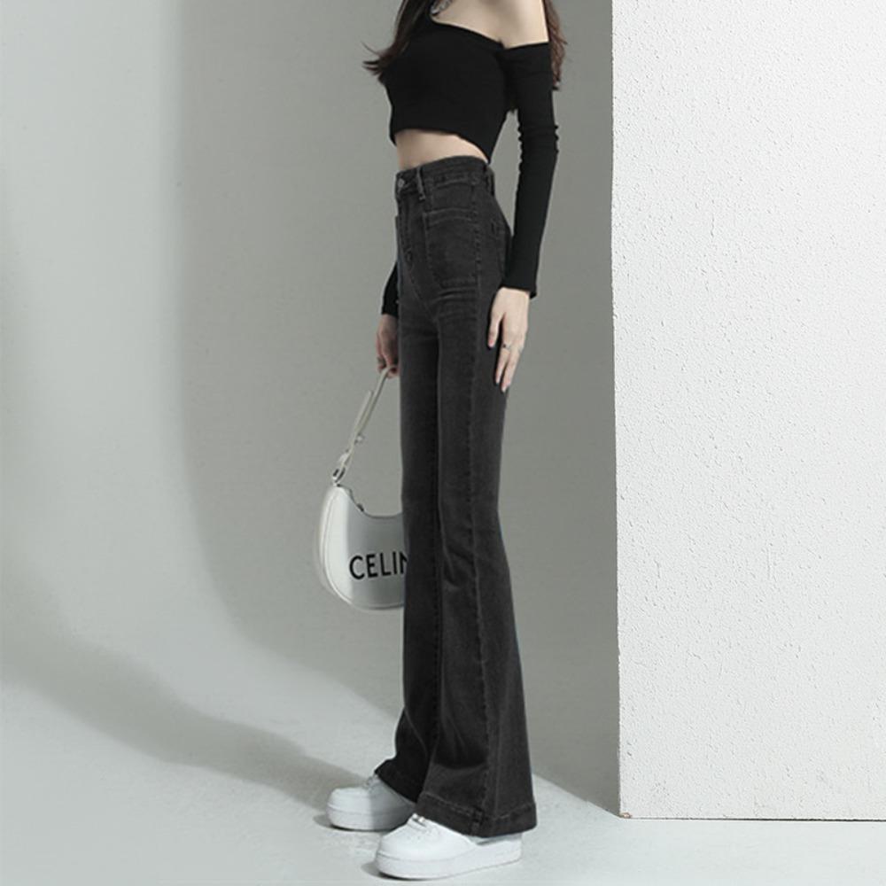 Spring and Autumn New Micro-pull Jeans Women's High Waist Slim-fitting Elastic and Thin Retro Horn Pants Trendy Ins