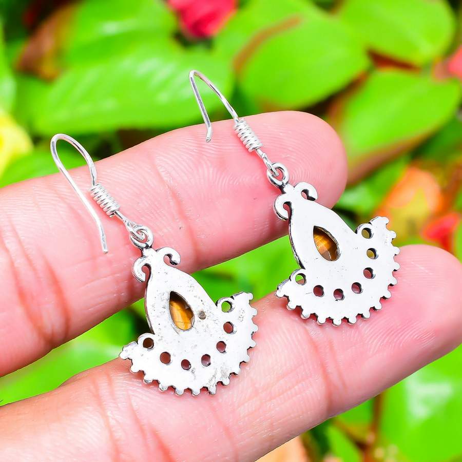 Natürlicher Tigerauge-Edelstein, handgefertigt, 925er Sterlingsilber, Ohrring, 3,9 cm, M2h55