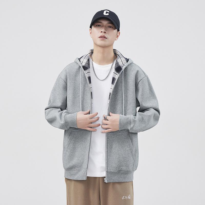 American Trendy Brand Heavy Plaid Hooded Cardigan Sweater Men'S Loose Zipper Shirt Flower Gray Jacket