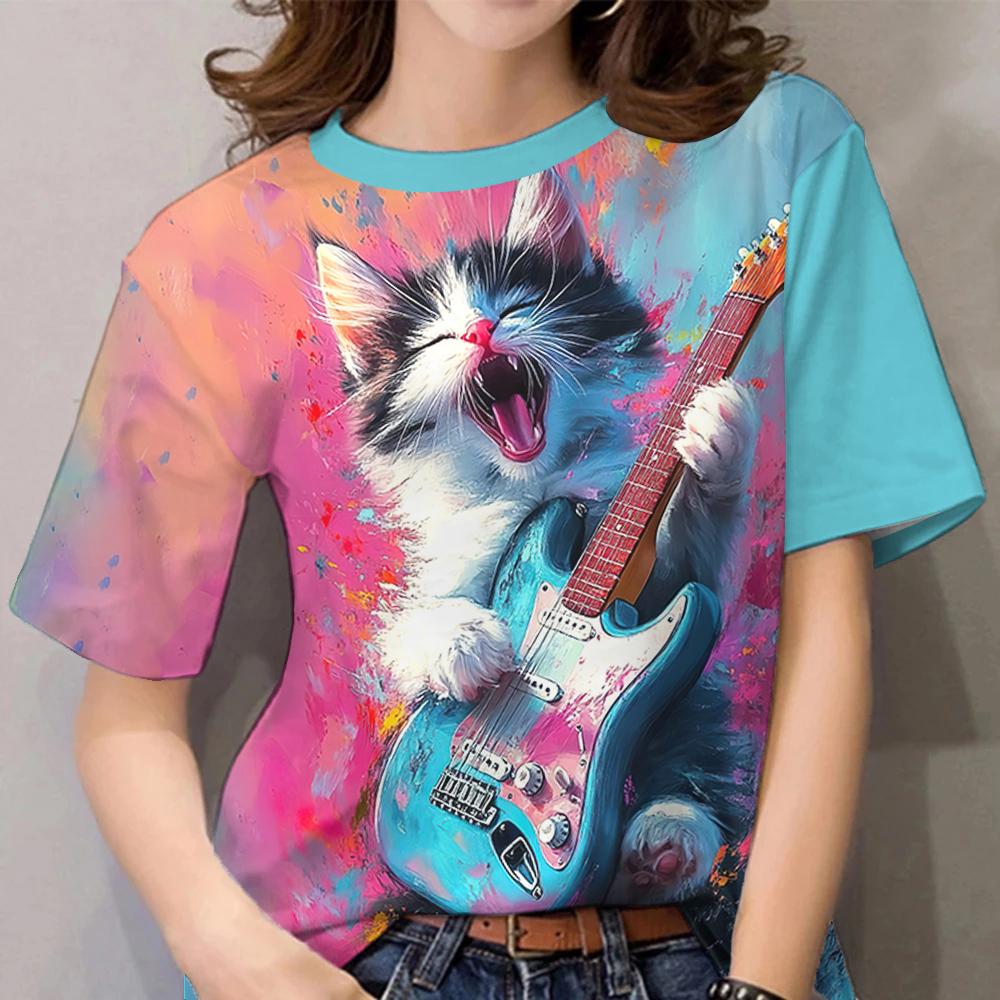 

Летняя женская футболка с коротким рукавом, с принтом котенка-музыканта, 3D-печать, модная, повседневная, с круглым вырезом S