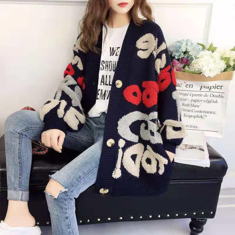 Spring Autumn Korean Style Loose Knit Cardigan - Letter Embroidery & Color Block Design