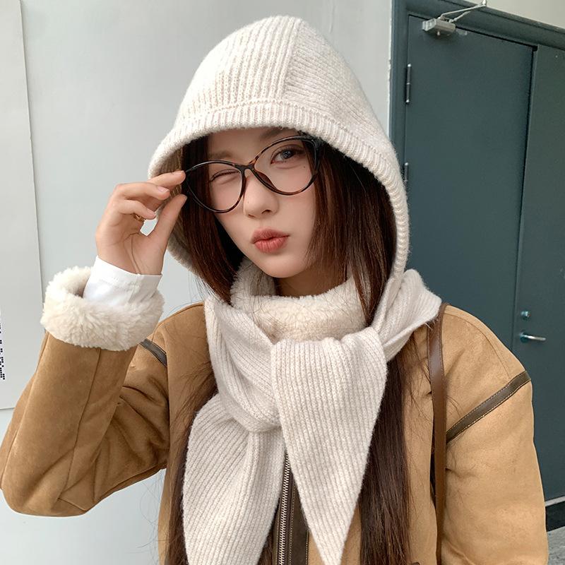 Red Balaclava for Women in Autumn and Winter Warm Ear Protection  Neck Scarf  Woolen Knitted Hat and Scarf All in One