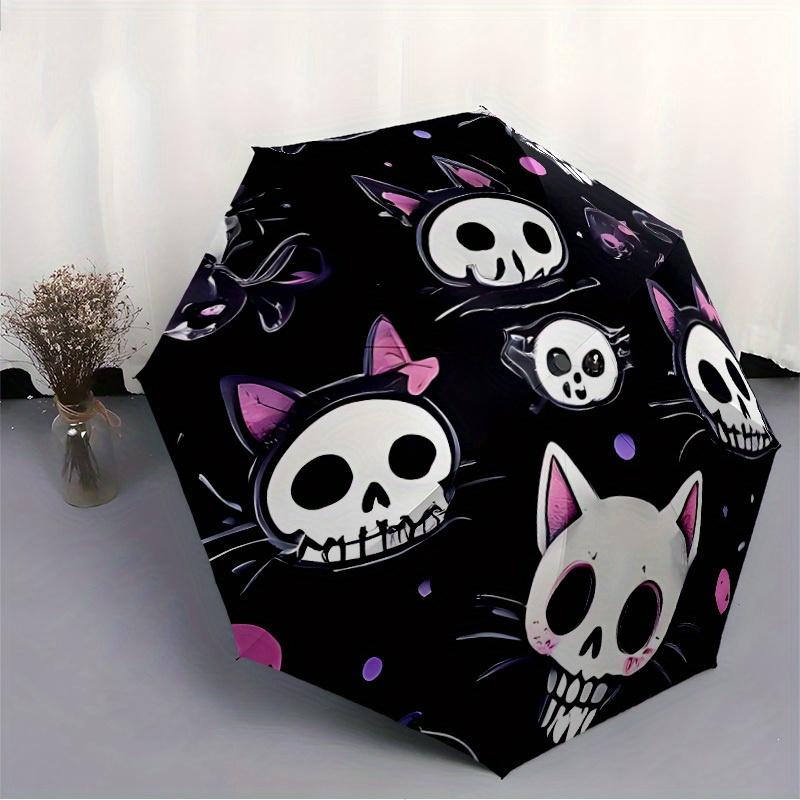 1pc Skull Cats Auto Open/Close Umbrella with Windproof, Functional Design, 8-Rib Sturdy Canopy