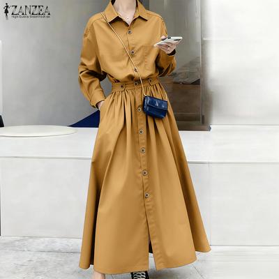 Women Turn Down Collar Casual Long Sleeve Long Dress