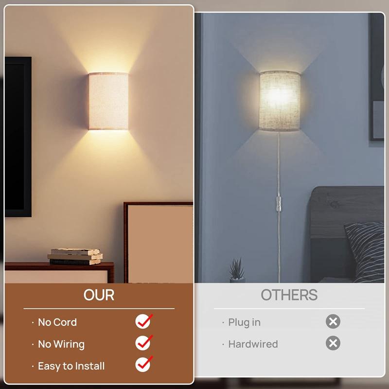 Wall Rechargeable Sconce Magnetic Wireless Lamp Set Kit RGB Colors Dimmable with Fabric Linen Shade and Remote, Lighting 2Pcs
