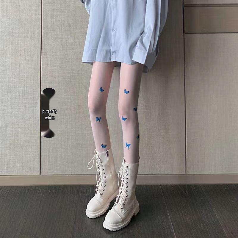 0D Summer Sheer Anti-Snag Lolita Knee-High Stockings with Blue Butterfly Design