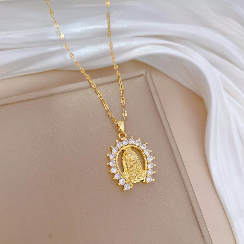 Stainless Steel Chain Classic Luxury Zircon Virgin Mary Pendant Necklace for Women Men Fashion Cool Jewelry Accessories Gifts