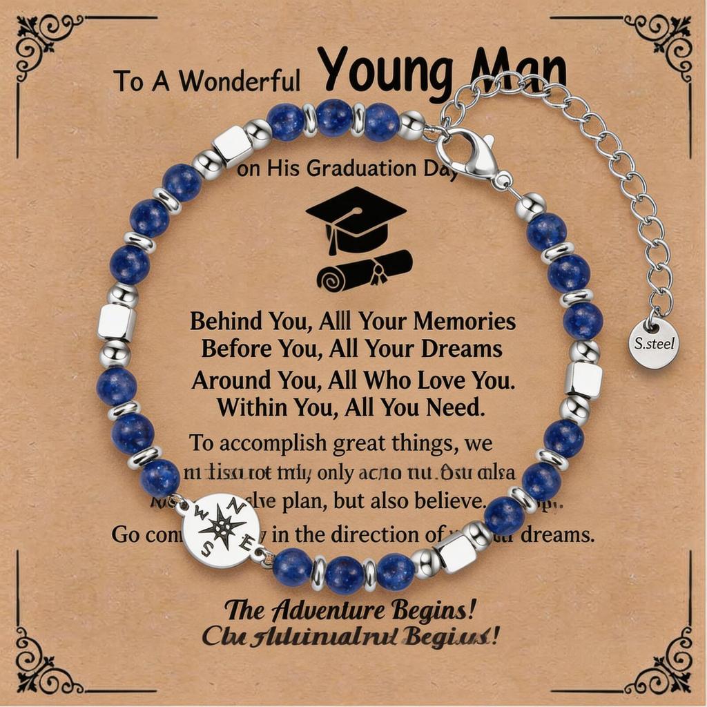 Graduation Bracelet Stainless Steel Compass Amazonite Amethyst Beads 2026 Gift for Women High School College Graduate