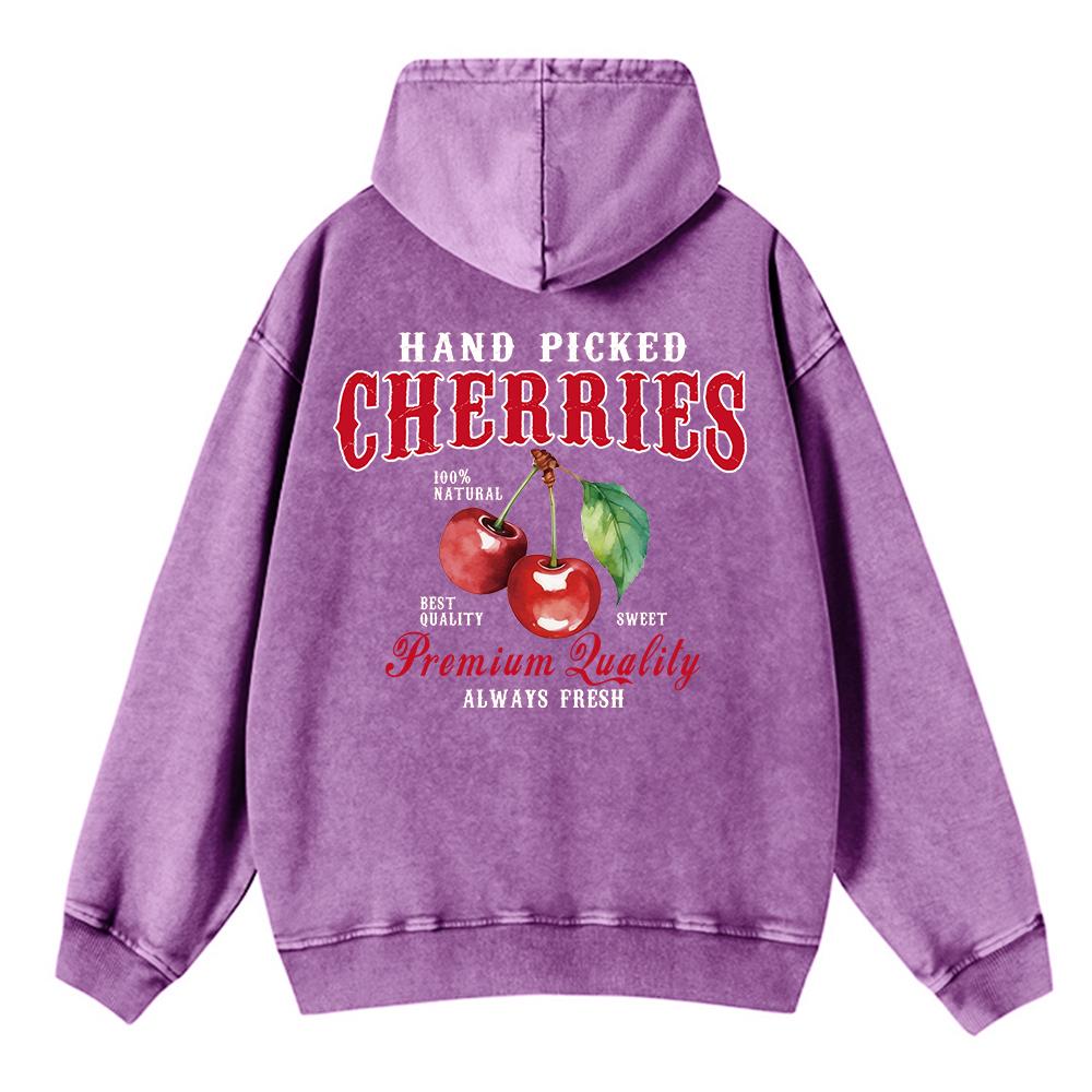 Oversized Women Washed Hoodie Hand Picked Cherries Always Fresh Print Pullover Pocket Warm Cotton Couple Clothes
