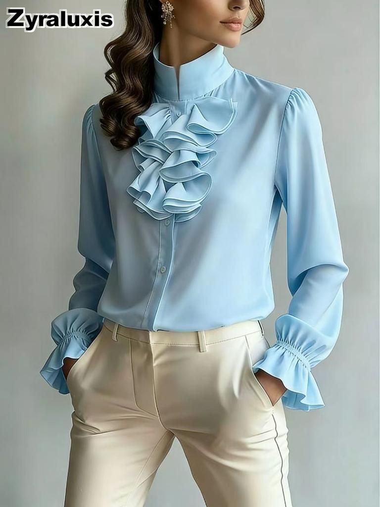 New Style Chic Casual Loose Collar Solid Color Ruffled Shirt for Women