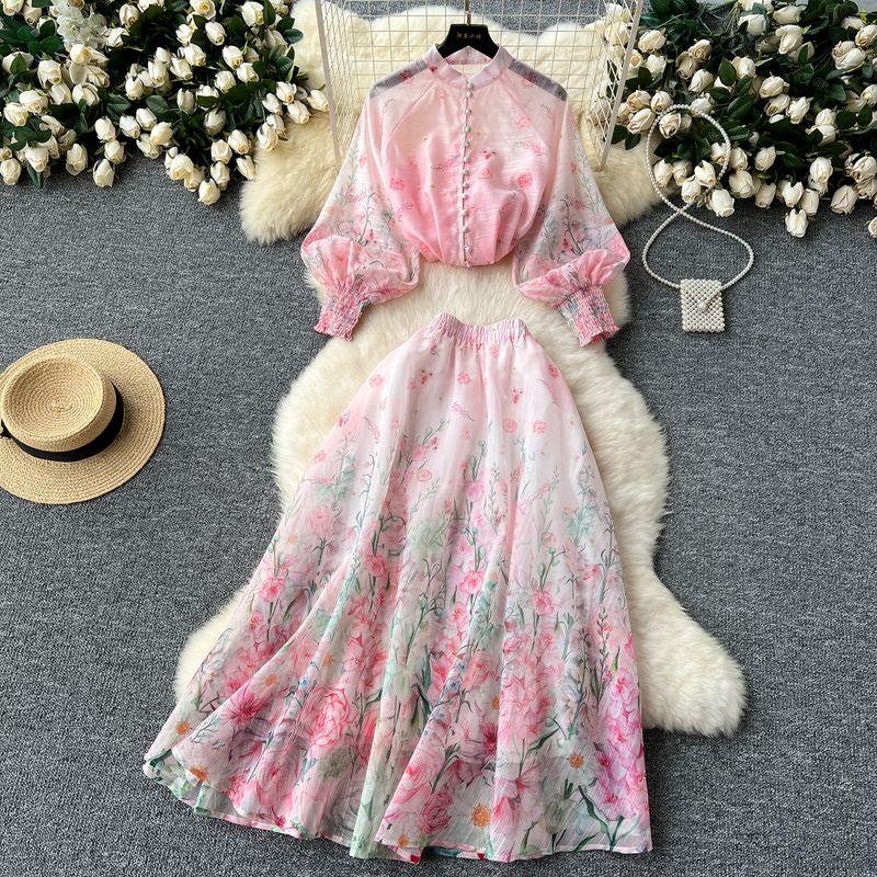 

Fashion Style Women s Clothing Two-piece Set Socialite Elegant Lantern Sleeve Breasted Silm Tops High Waist Print Mesh Skirt Pink XXL
