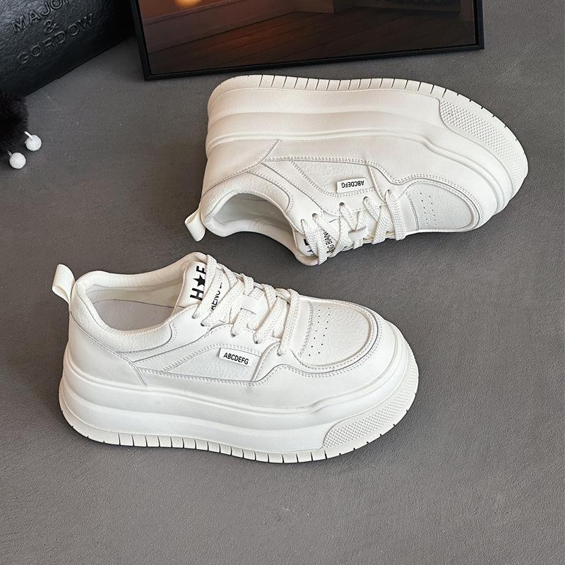 Leather women's spring new small thick-soled heightening board shoes versatile casual muffin shoes