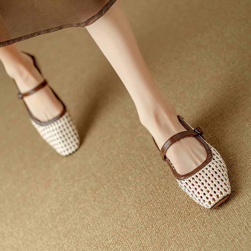 Krazing Pot Cow Skin Weaving Summer Size 41 Low Heels Party Shoes Women Square Toe Gladiator Hollow Out Pumps