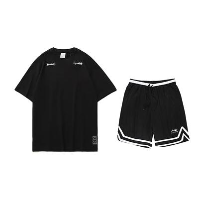 Li Ning Colorful Letter Logo Round Neck Short Sleeve T-Shirt Competition Special Striped Comfortable Shorts Casual Sports Suit YHSU189-1+YAPV001-1