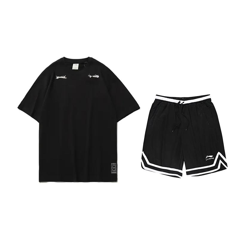 Li Ning Colorful Letter Logo Round Neck Short Sleeve T-Shirt Competition Special Striped Comfortable Shorts Casual Sports Suit YHSU189-1+YAPV001-1