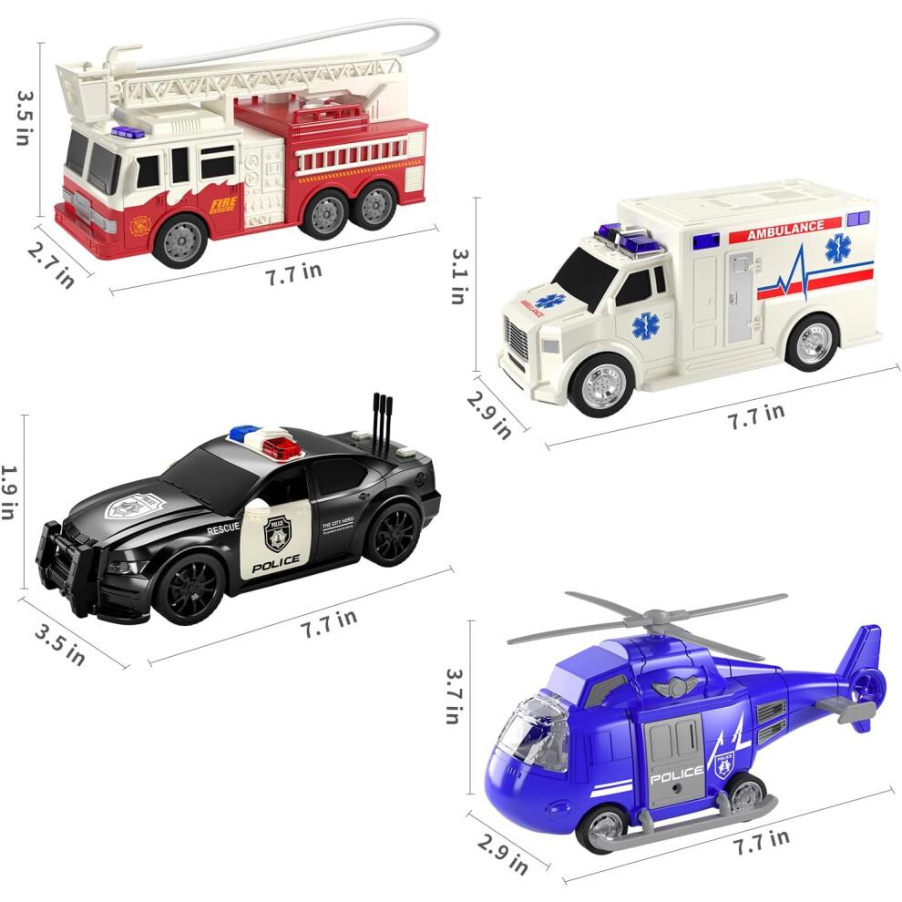 TEMI 4 Pack Emergency Vehicles for Kids, Helicopter, Police Car, Fire Truck, Ambulance Friction Powered Toys for Toddlers, Gifts for Age 3-12