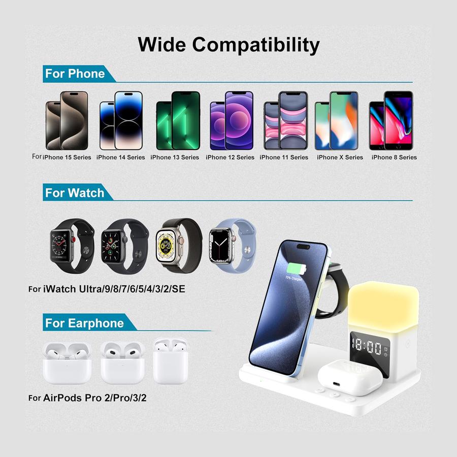 6in1 Wireless Charger Station with Alarm Clock Light For  Watch Ultra 10 9 8 7 6 5 iPhone 16 15 14 13 12 11 Aipods 4 3 Pro