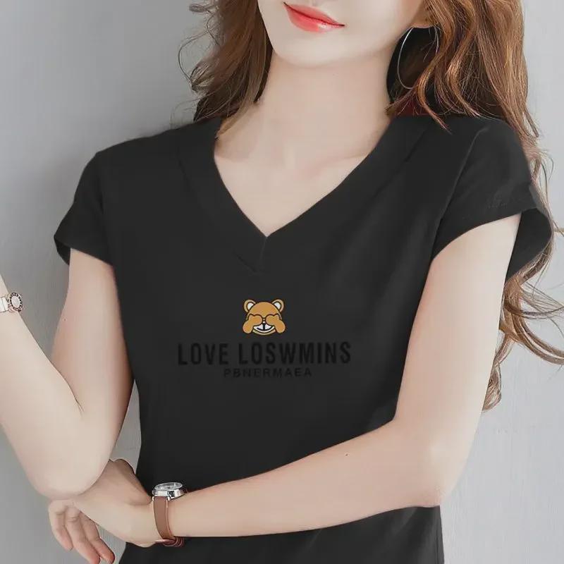 Damen 2024 V-Ausschnitt Lockeres Kurzarm-T-Shirt aus reiner Baumwolle - Sommeroberteil in Übergröße
