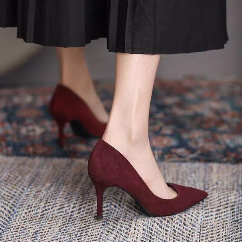 Women High Heel Shoes Sharp Thin Heel High-heeled Pumps Shoes Big Size 42 New Pointed Suede Red Blue Women's Single Shoes