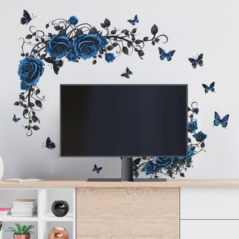 Romantic Blue Rose Flowers Wall Stickers Home Decor Butterfly Decoration Vinyl Murals Decals