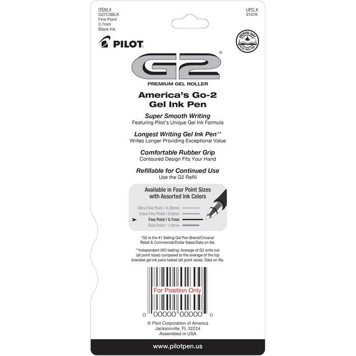 Pilot G2 Retractable Premium Gel Ink Rollerball Pen 5-Pack Black 5 Count (1 Pack)