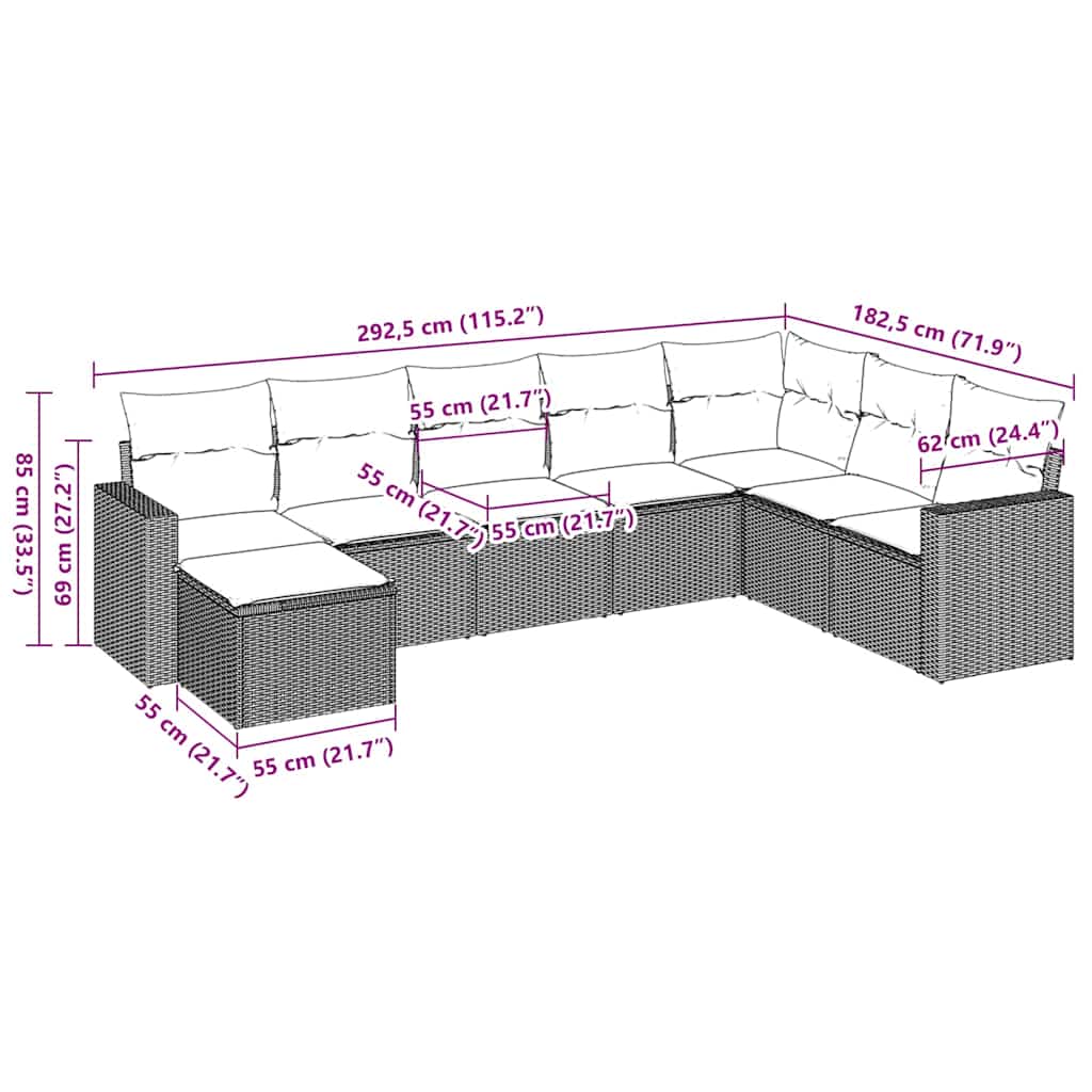 8 piece Garden Sofa Set with Cushions Brown Poly Rattan