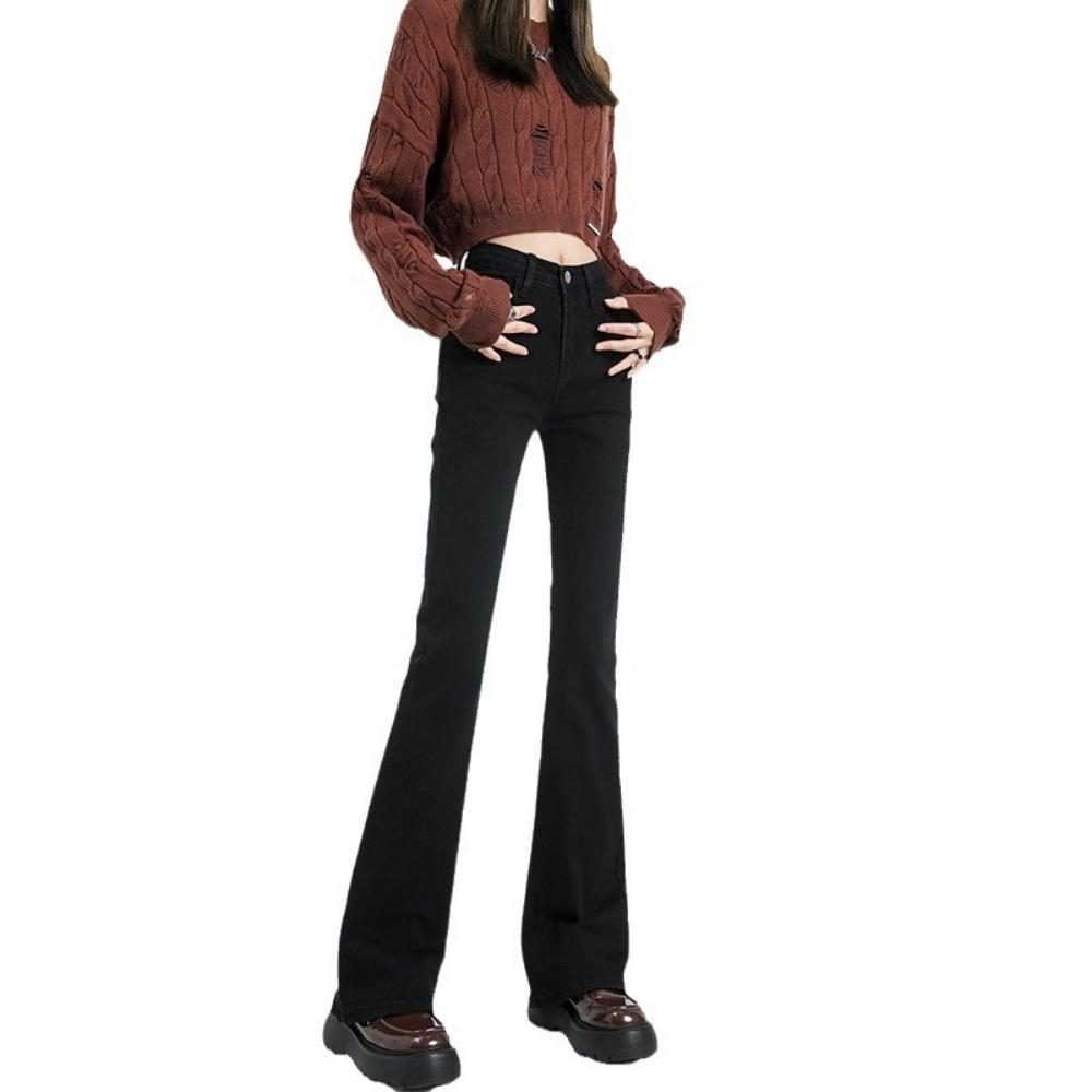 Personalized Versatile High-waisted Flared Jeans Women's Spring and Autumn New Slim-fitting and Thin Simple Fashion Micro-pull Pants