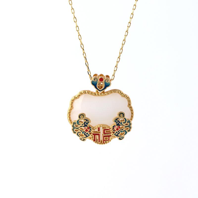 2022 Etniczny Styl Pomyślność Jadeitowy Zamek Pokoju Naszyjnik z Wisiorkiem
