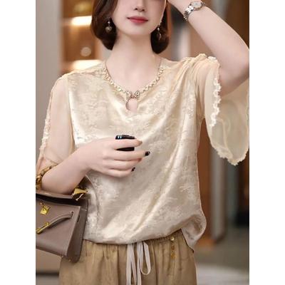 Spring Summer Elegant Jacquard Satin Blouse Short Sleeve Lace Trim V-Neck Top