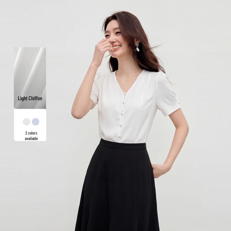 Women s French V-Neck Puff Sleeve Button-Front Chiffon Blouse XL