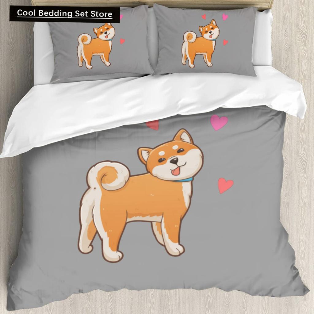 Cartoon Shiba Inu King Queen Bedding Set Yellow Pet Puppy Duvet Cover Cherry Blossoms Tree Quilt Cover Polyester Comforter Cover
