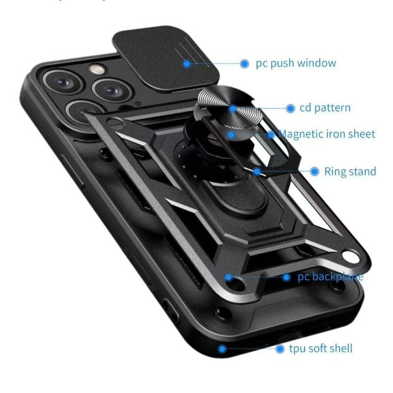 Military Grade Slide Camera Lens Protection Armor Case for iPhone 16 15 14 Plus 13 12 11 Pro Max With Metal Ring Bumpers Cover