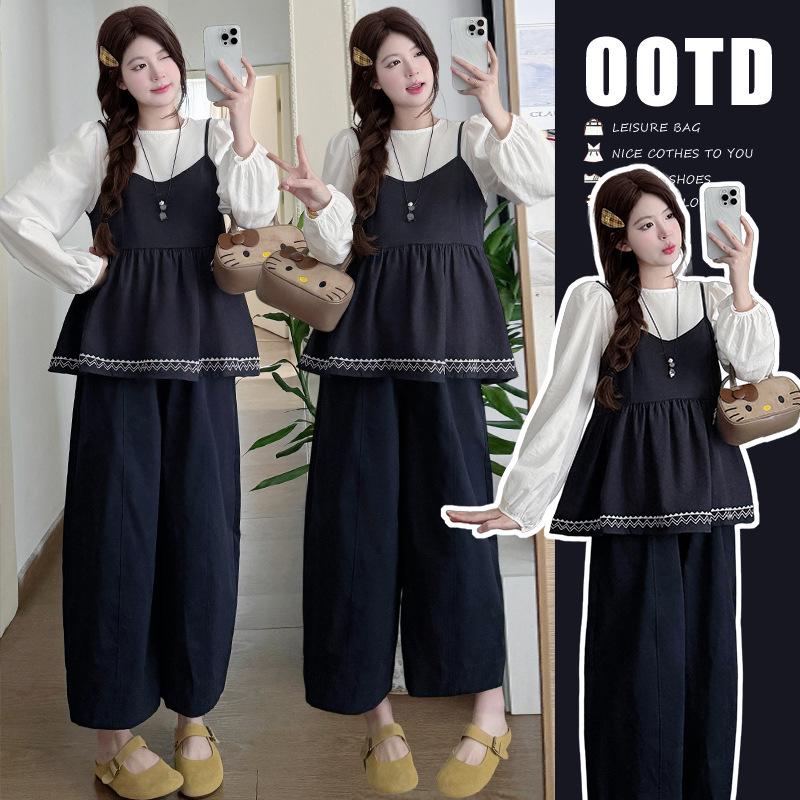 2026 Korean Style Maternity Spring Set: Fashion Top Vest + Wide Leg Pants 2XL