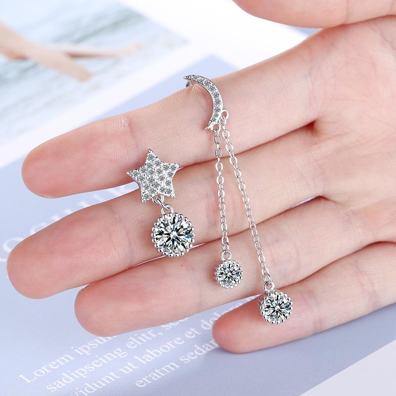 New Fashion Star&Moon Asymmetry Round Rhinestone Drop Earrings Women 925 Silver Jewelry Zircon Long Pendant Ear Stud