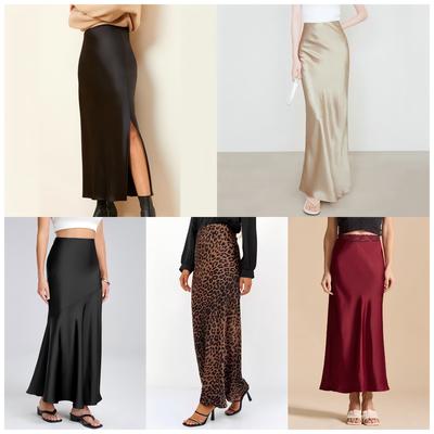 Spring Summer Acetate Satin Halter High Waist Elastic High Quality Satin Split Long Skirt Womens