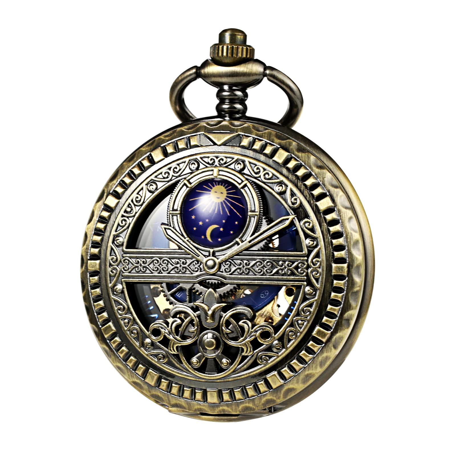 TREEWETO Mechanical Pocket Watch, Bronze, Roman Numerals, Moon and Sun Design, with Chain and Gift Box