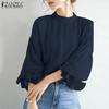 ZANZEA Women Spring Round Neck Lantern 3/4 Sleeve Mesh Pleated Blouses