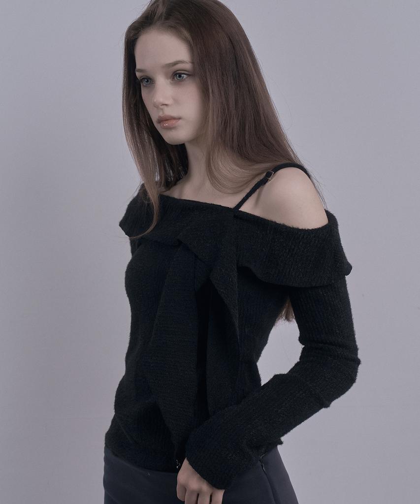 DAMIO Ruffle Draped Off Shoulder Knit Top (Black)