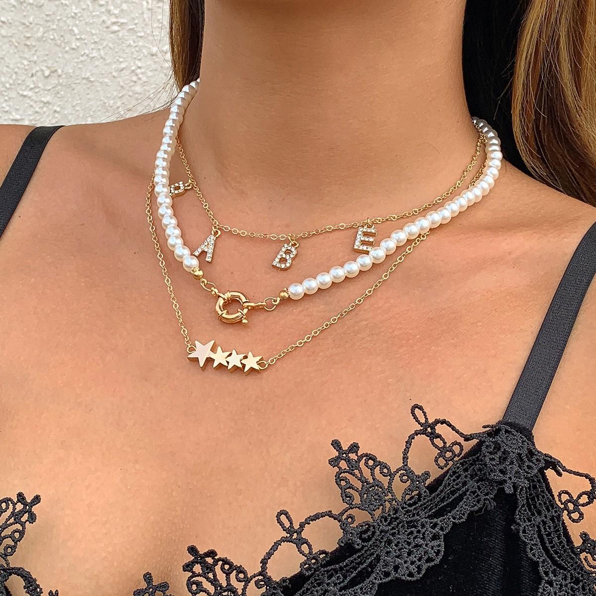 Retro Stacked Imitation Pearl Chain Necklace, Fashionable Light Luxury Diamond Letter Star Collarbone Necklace