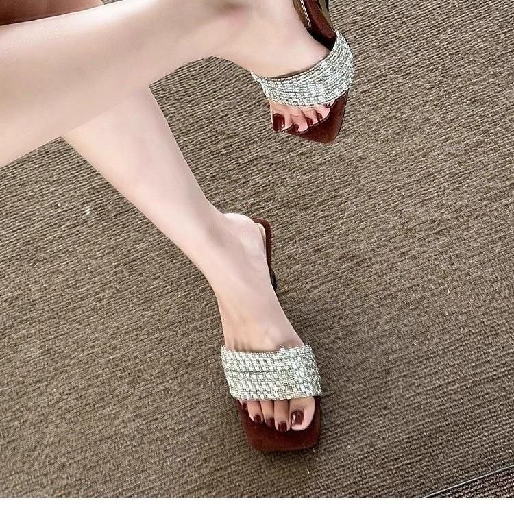 Classic Rivet High Heels Sandals Women's Chunky Heel Mules Elegant Simple Slippers Spring Summer New Style Casual Leisure