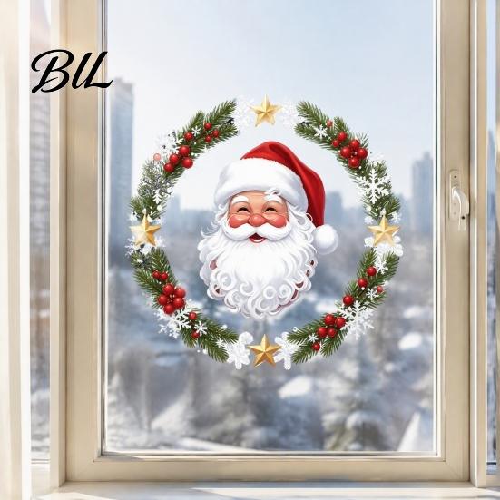 Seasonal Party Supplies Christmas Window Clings, Cute Santa Claus Wreath Sticker, Cartoon Self Adhesive Decals Holiday Static Glass Decal for